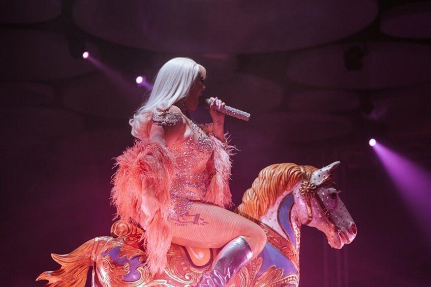 A person in a pink, feathered outfit singing into a microphone, seated on a unicorn. 4