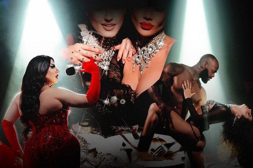 A person in a red dress, another in a black outfit, and a third in a black and white outfit. 2
