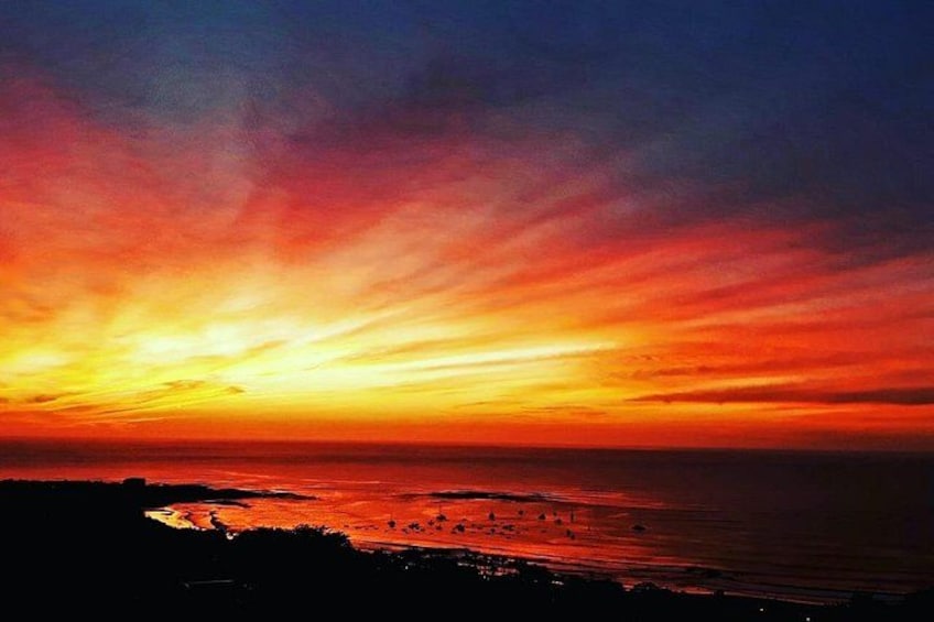 Een ondergaande zon boven een kustlandschap met silhouetten van bomen en een strand. 3