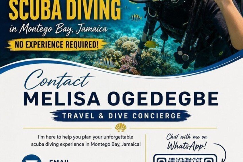 Reklame for dykning i Montego Bay, Jamaica, med en dykker og undervandsscenarier. 3
