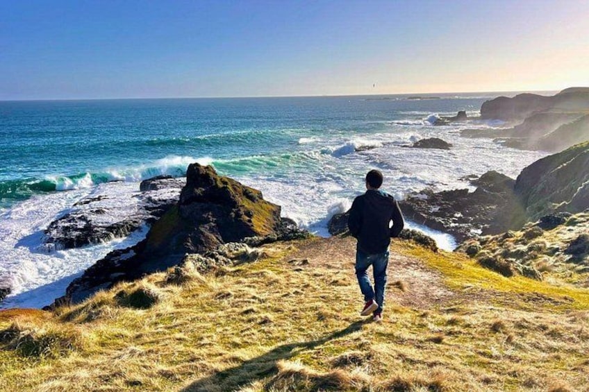 A person walking on a grassy cliff overlooking the ocean. 3
