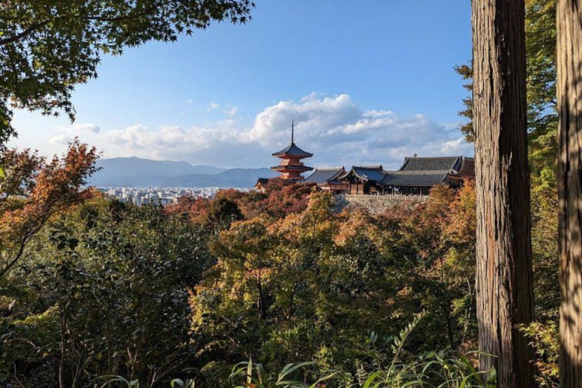 A pagoda surrounded by autumn foliage and a mountain range in the background. 4