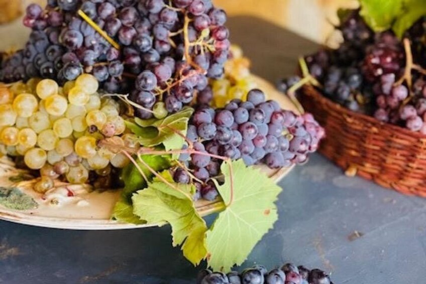 A plate of mixed grapes with a basket in the background. 3