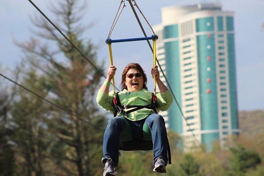 A person on a swing with a cityscape in the background. 2