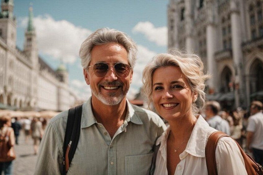 A man and a woman standing in front of a historic building with arches and columns. 4