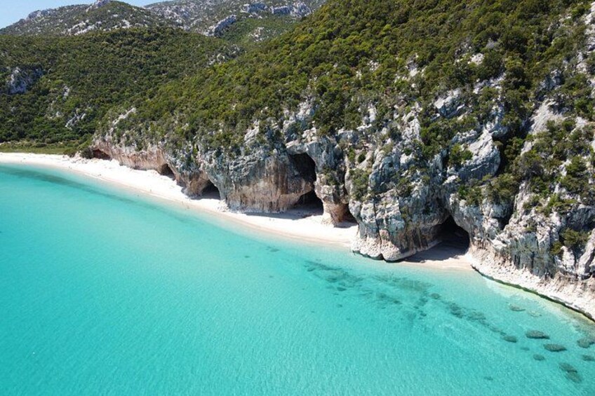 A turquoise beach with white sand, rocky cliffs, and lush greenery. 5