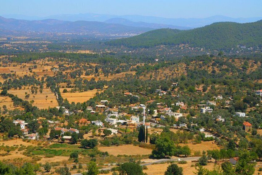 A rural landscape with scattered houses, olive groves, and rolling hills in the background. 1