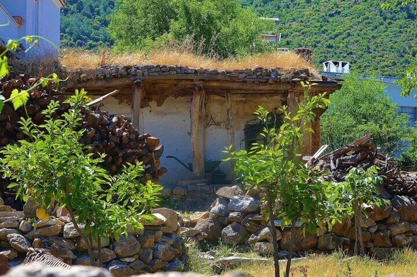 A rustic building with a thatched roof, surrounded by greenery and rocks. 1