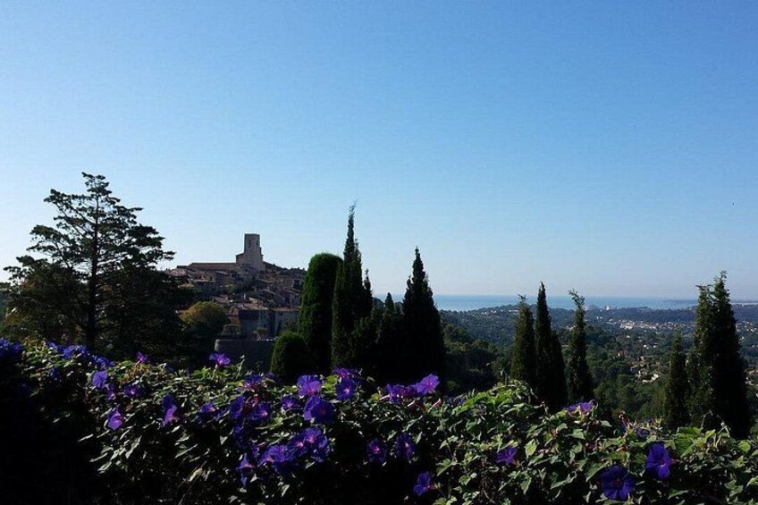 A landscape with purple flowers, tall cypress trees, and a distant view of a town with a tower. 4