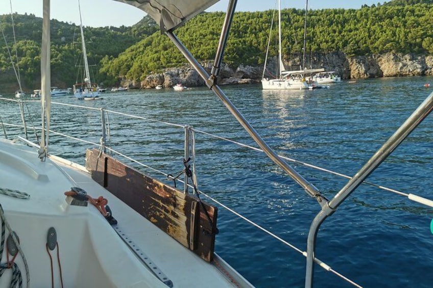 Un velero con cubierta de madera y barandillas metálicas, rodeado de aguas tranquilas y una costa arbolada. 2