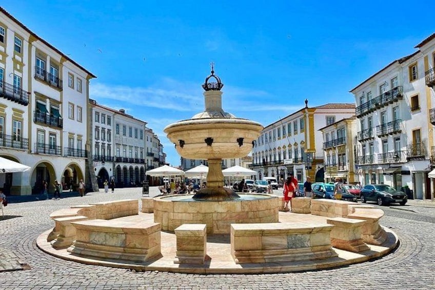 A historic fountain in a square surrounded by buildings. 3