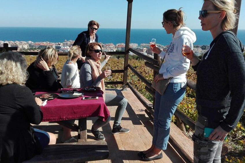 A group of people at a table with a red tablecloth, overlooking a coastal view. 3