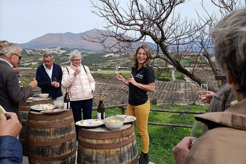 A group of people around barrels, possibly tasting wine, with a mountainous landscape in the background. 1