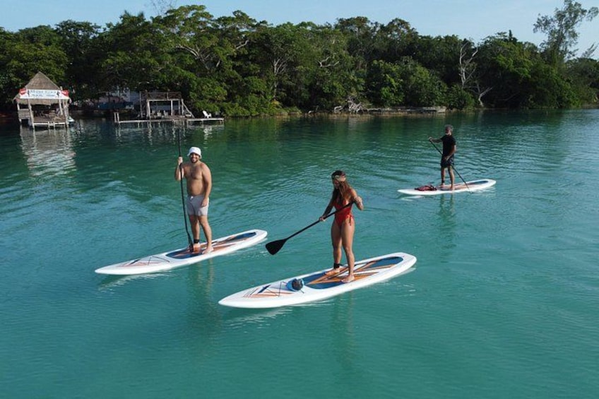 Trois personnes pratiquent le paddle sur une eau turquoise, avec un quai et des arbres en arrière-plan. 2