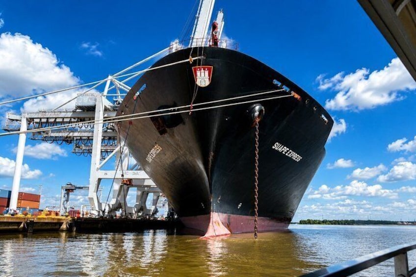 Una grande nave ormeggiata in un porto, sullo sfondo ci sono gru e container. 4