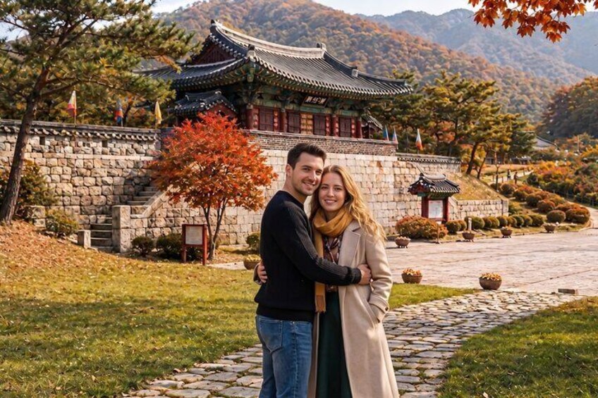 Ein traditionelles koreanisches Gebäude mit einem Kiesweg und Herbstlaub. 1