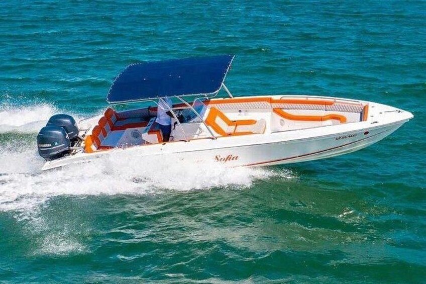 A speedboat with a blue canopy, orange seats, and a Yamaha motor. 1