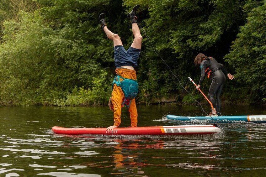 Two people paddleboarding on a river surrounded by dense greenery. 5