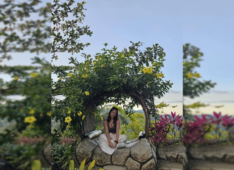 A person sitting under a vine-covered archway in a garden with various plants and flowers. 2