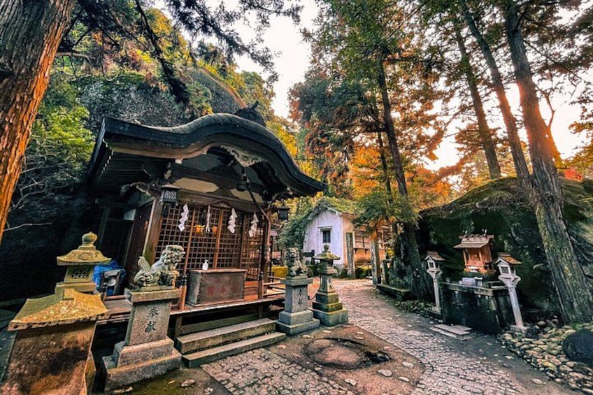 A traditional Japanese shrine surrounded by trees, with a small building and stone lanterns. 3