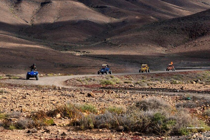 Een woestijnlandschap met vier terreinwagens op een zandweg. 5