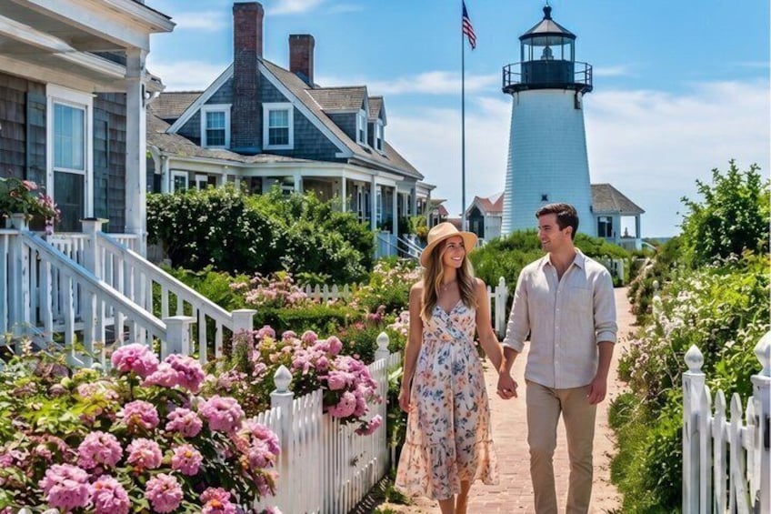 A couple walking on a pathway with a lighthouse in the background. 1
