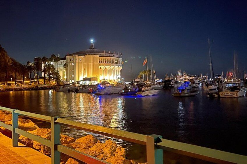 A marina at night with illuminated boats and a large building with a dome. 5