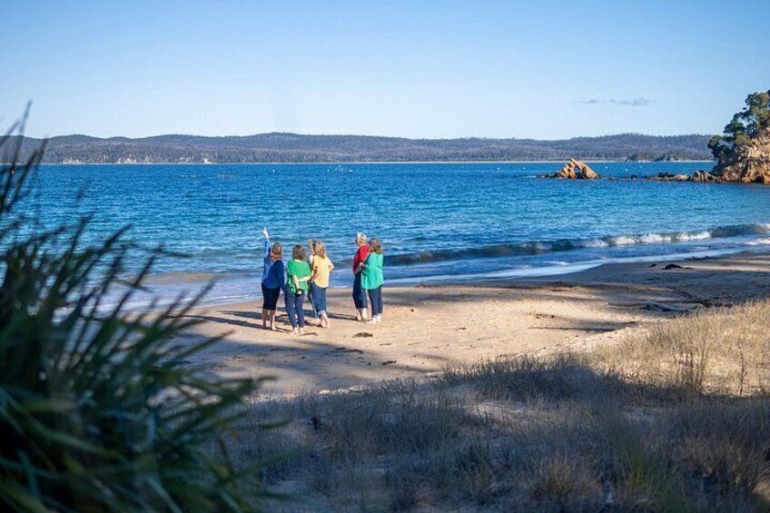Un groupe de personnes se trouve sur une plage, d’où l’on a une vue dégagée sur l’océan et les collines lointaines. 3