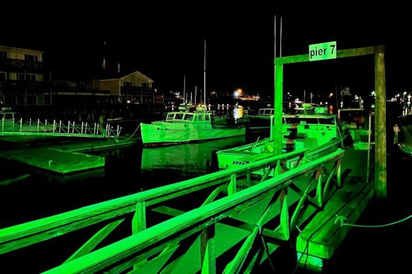 A nighttime marina with green-lit docks and boats, including a sign for 'pier 7'. 3