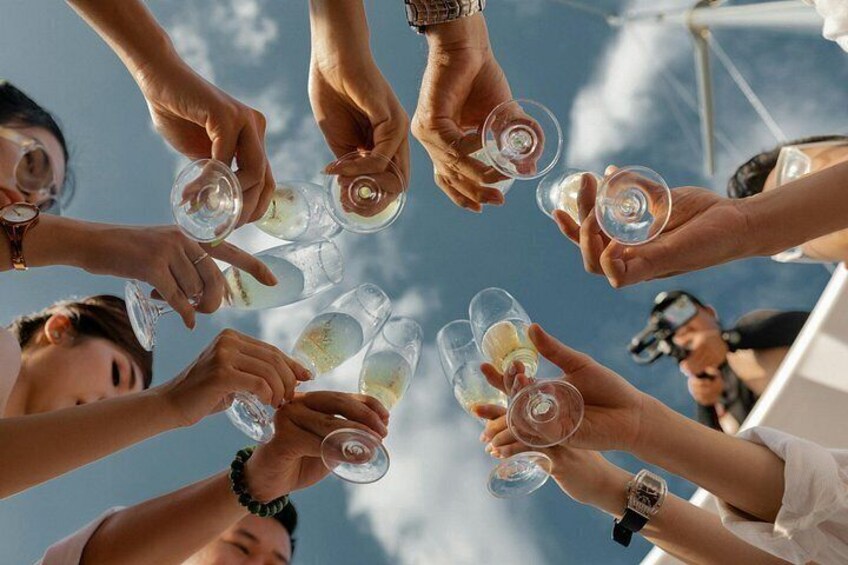 A group of people toasting with wine glasses against a clear sky. 1