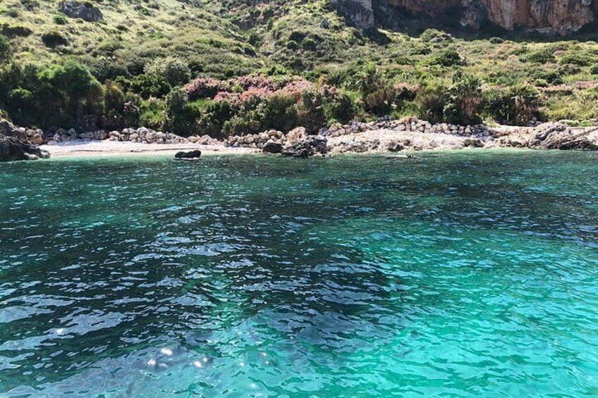 A clear turquoise sea, rocky shoreline, and green vegetation. 5