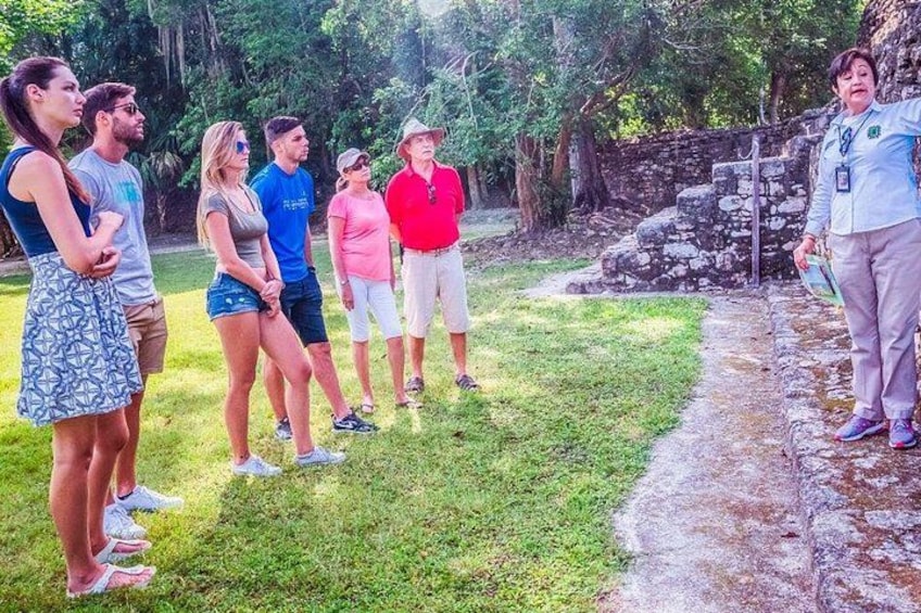 Un grupo de personas de pie sobre un sendero cubierto de hierba junto a un muro de piedra. 2