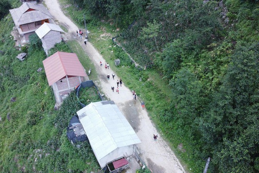 A rural area with a dirt road, several buildings with red roofs, and dense green vegetation. 3