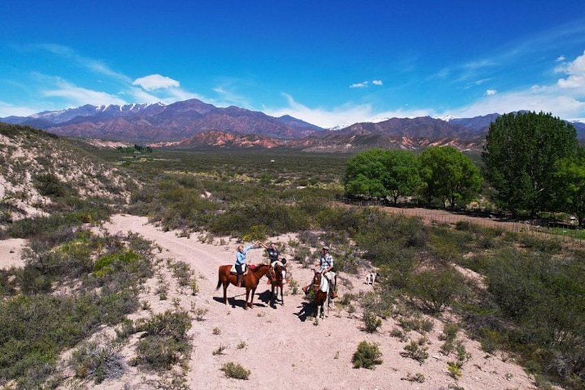 Un grupo de personas a caballo en un paisaje desértico con montañas al fondo. 3