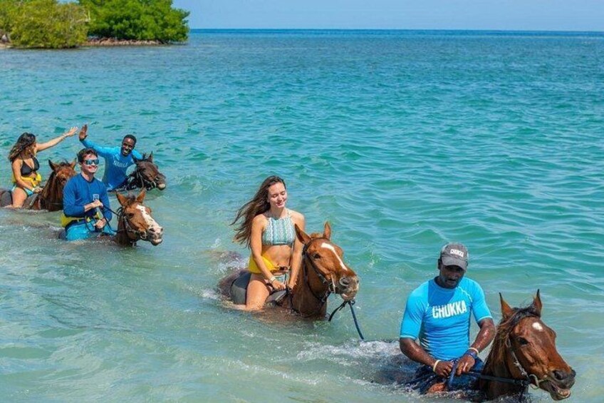 Persone a cavallo in acque poco profonde vicino a una spiaggia, con cielo sereno. 5