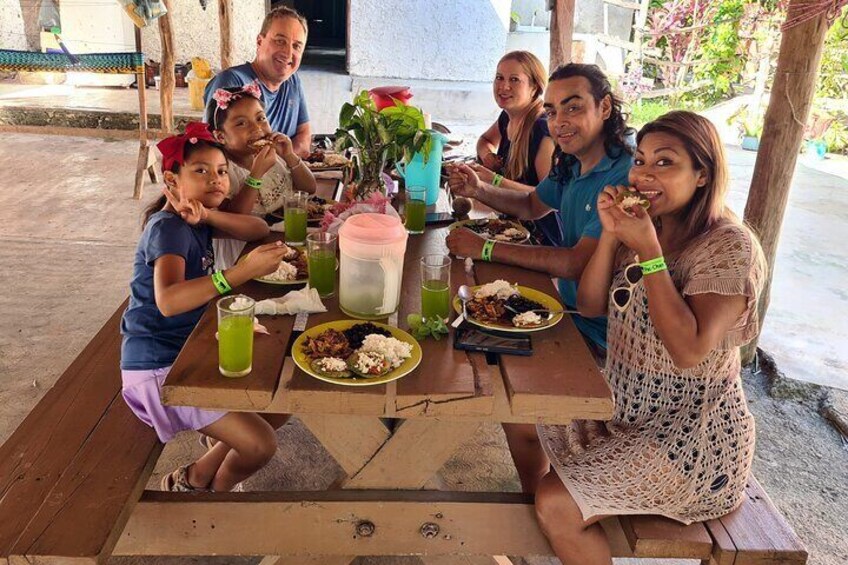 Enjoying amazing local food and fresh fruits water