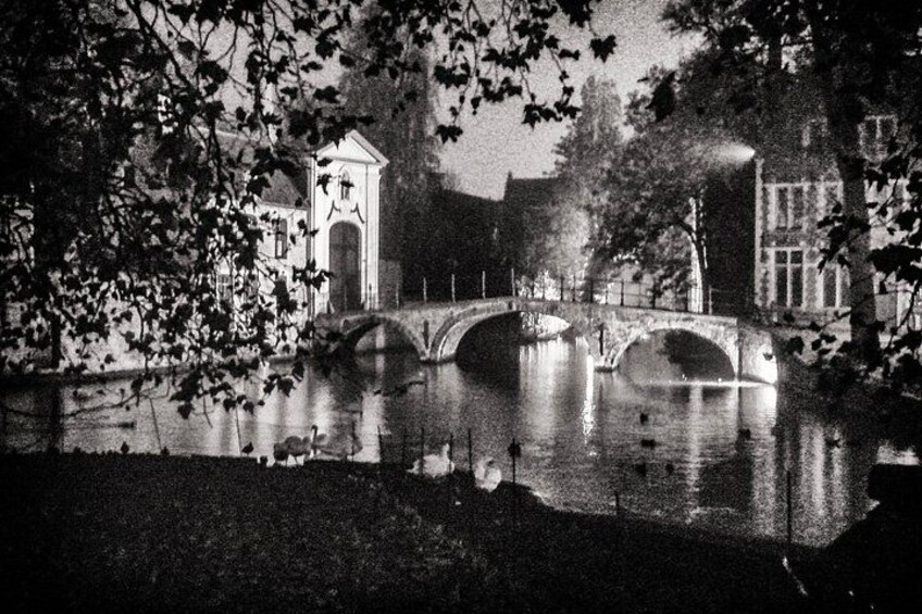 A bridge over water with reflections, surrounded by trees and buildings. 5