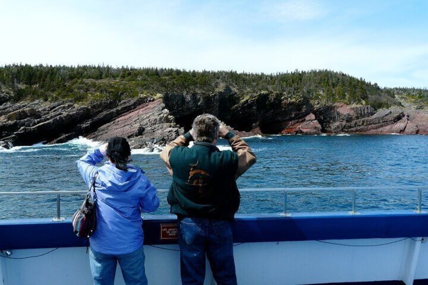 Two people on a boat taking a photo of a rocky coastline with waves crashing against the rocks. 2
