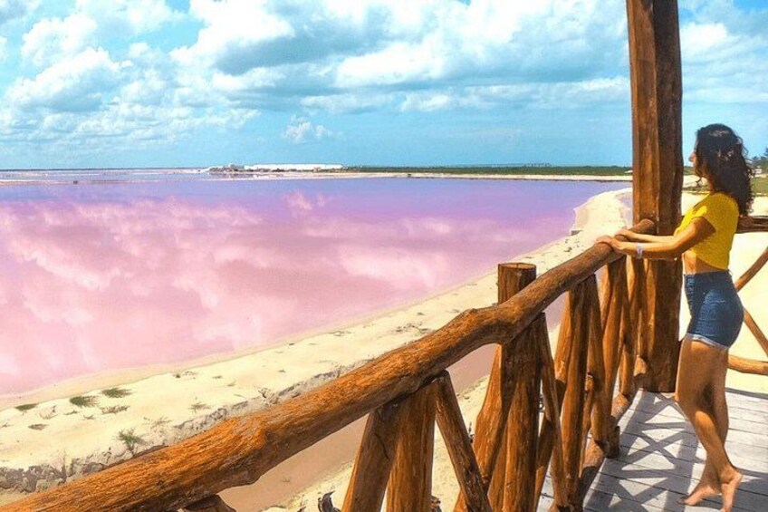 A wooden walkway leading to a beach with pink water. 1