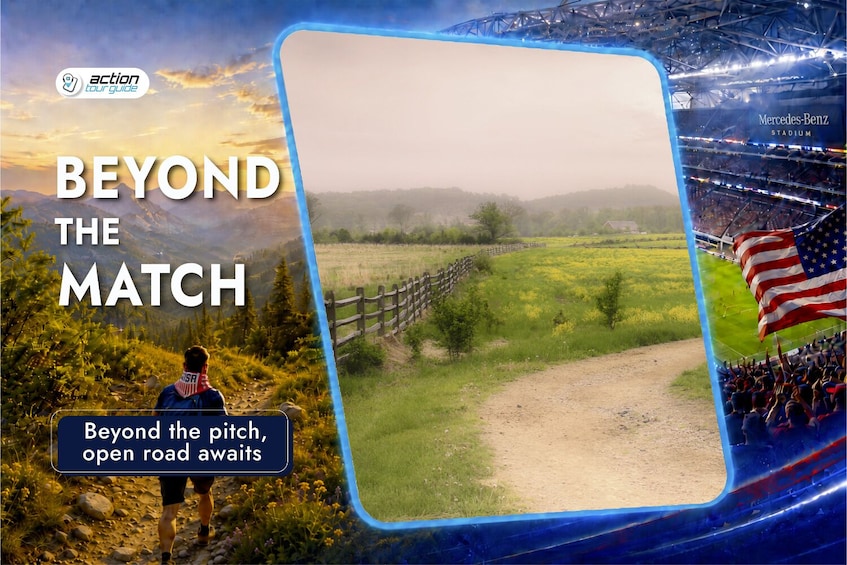 A person hiking, a stadium, and a field with a fence. 3