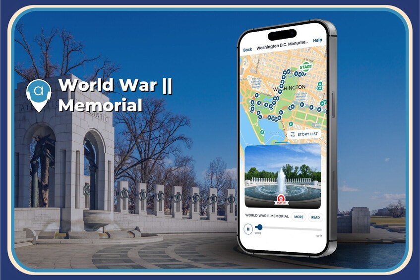 A smartphone displaying a map with a location marker, a World War II Memorial, and a fountain. 3