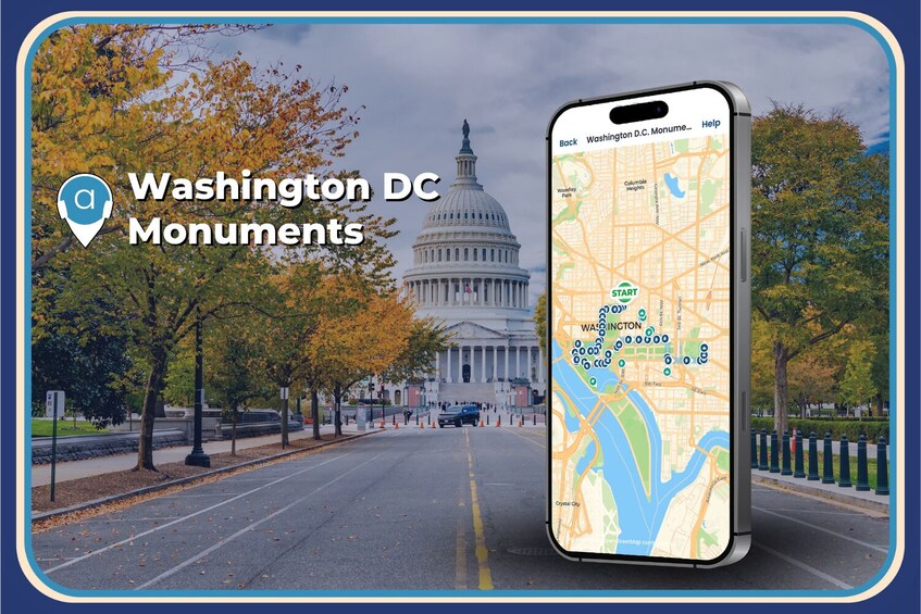 A smartphone displaying a map with Washington D.C. monuments. 5