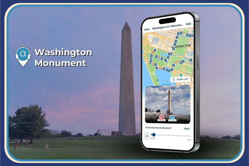A smartphone displaying a map with the Washington Monument and surrounding area. 4