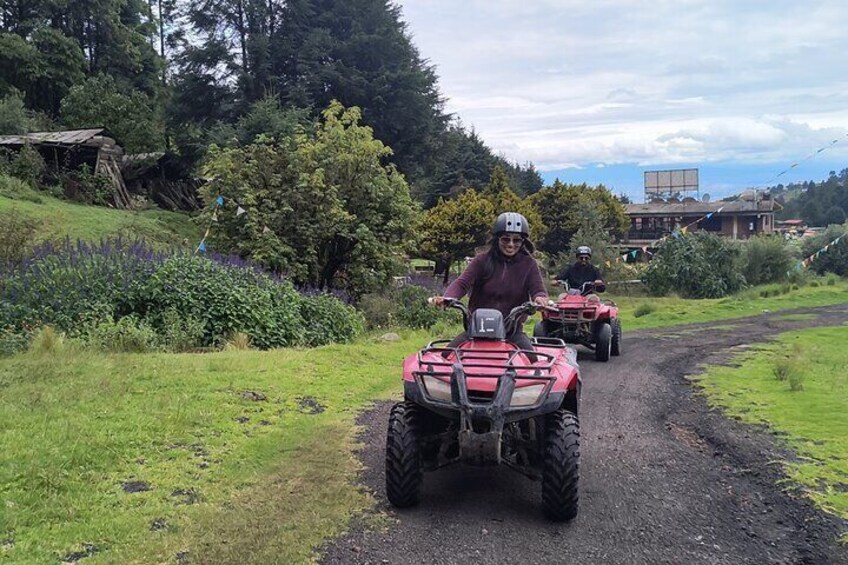 A person riding a red ATV on a dirt path with greenery and trees in the background. 3