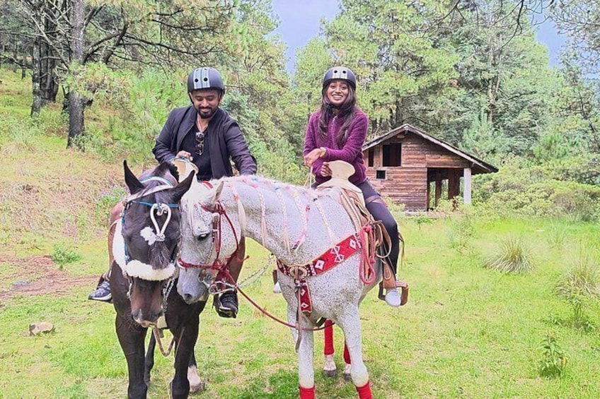 Two people riding horses in a grassy area with a wooden cabin in the background. 2