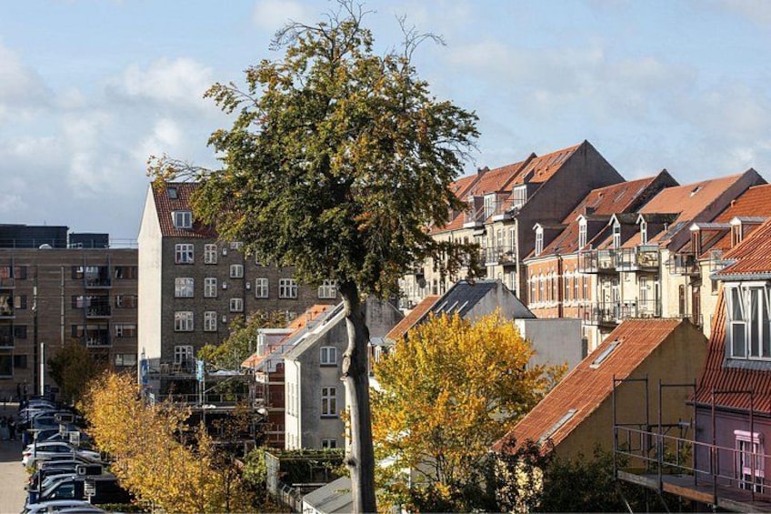 A residential area with multi-story buildings, parked cars, and autumn foliage. 3
