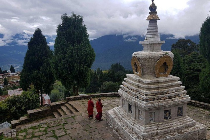 A stone stupa with a golden top, surrounded by trees and a mountainous backdrop. 5