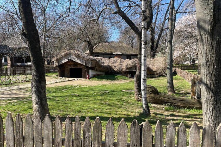 Paisaje rural con una construcción de techo de paja, una cerca de madera y árboles. 2