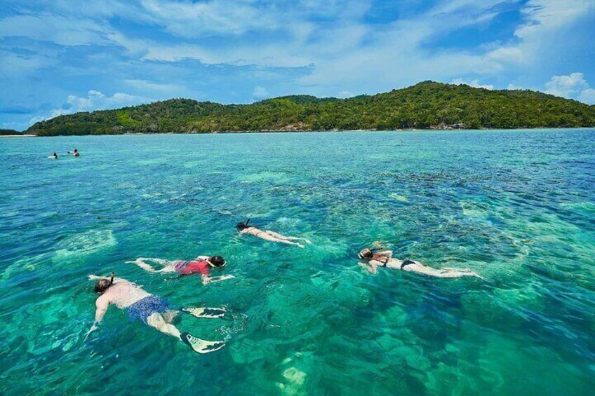 People snorkeling in clear turquoise water with a forested island in the background. 1
