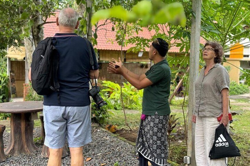 Ein Mann mit Kamera, eine Frau und ein Kind in einem Garten mit Bäumen und einem Gebäude im Hintergrund. 4